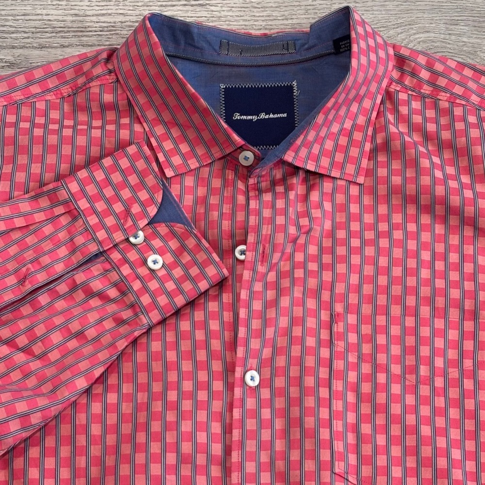 Tommy Bahama Button Down Shirt Mens XXL Coral Gingham Island Modern Fit Cotton